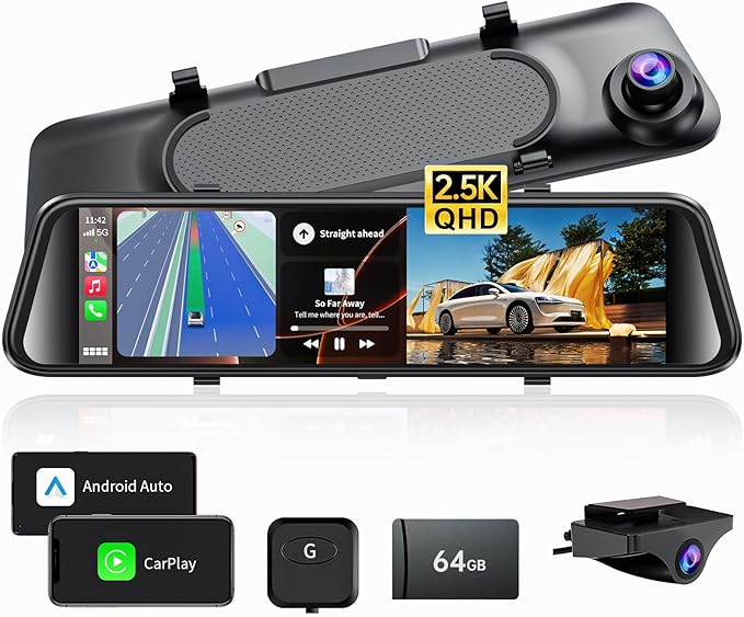 2.5K Mirror Dash Cam with Carplay Mirror & Android Auto, Dash Cam Front and Rear with Zoom Function,12 inches Rear View Mirror Camera with Voice Control/BT Call/64GB Card Included- K17 Pro