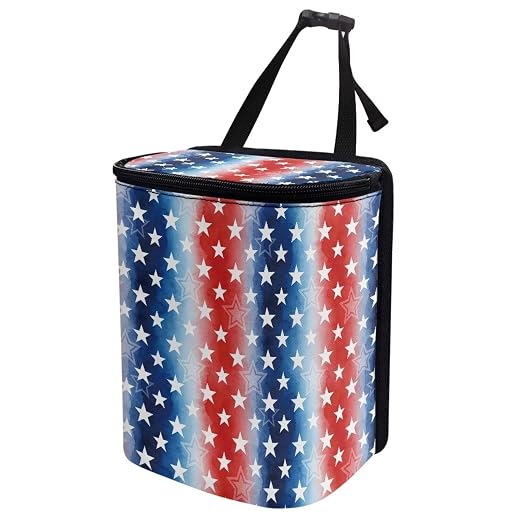 American Flag Star Print Car Trash Can with Lid, 4th of July Leak Proof Auto Trash Bag Hanging Vehicle Garbage Can Multipurpose Storage Container for Back Seat Road Trip