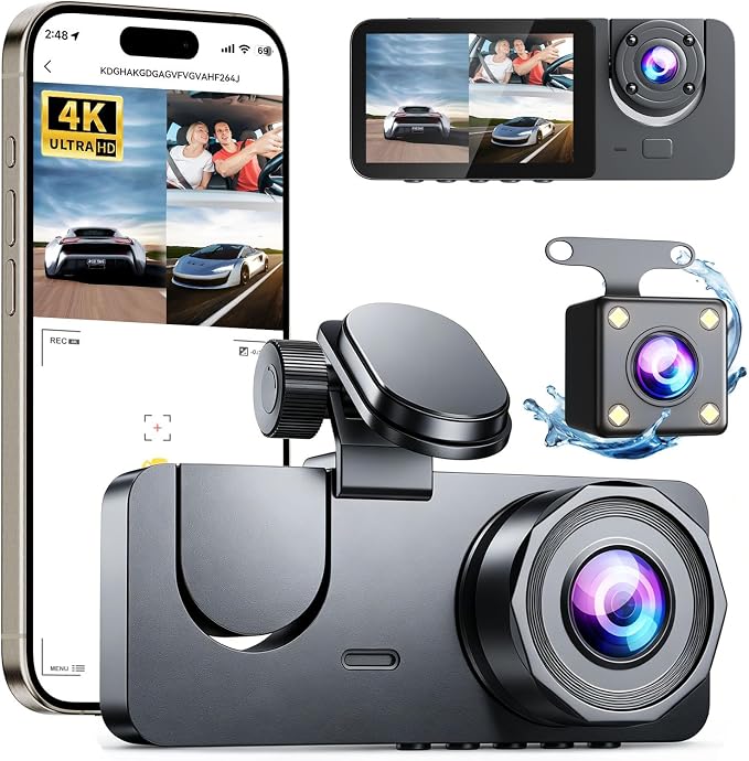 Dash Cam Front and Rear Inside 3 Channel, 4K+1080P Dash Camera for Cars | App Control, 2” IPS Screen, G-Sensor, Loop Recording, Night Vision, 170°Wide Angle, Parking Monitor