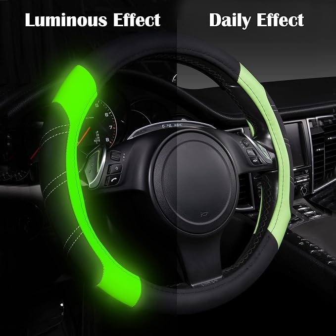 Line Rider Microfiber Leather Sporty Steering Wheel Cover Universal Fits for 95% Truck,SUV,Cars 14.5-15inch, Anti-Slip Safety Comfortable Design (Glows Lime Fluorescent Green)