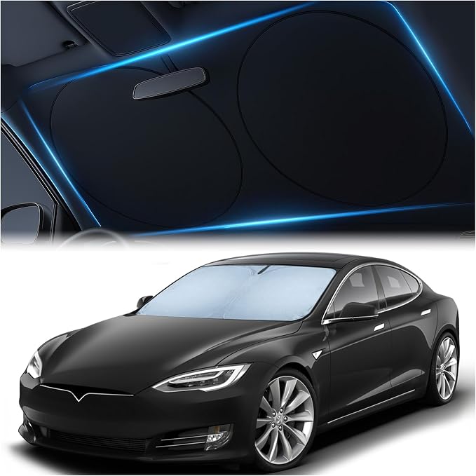 Tesla Windshield Sun Shade for Model S 2012-2026 - Reflective Polyester Blocks Heat & Sun, Foldable Car Window Sun Blocker, Mirror Cut-Out, Fade-Resistant Sunshade, Tesla S Accessories