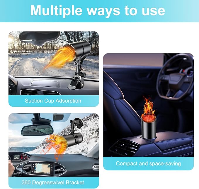 Car Heater, Portable Car Heater 12V 150W Plug-in Cigarette Lighter Car Heaters, 2 in 1 Heating & Cooling, Car Windshield Defroster Demister with Brackets, Fast Heating Defogger