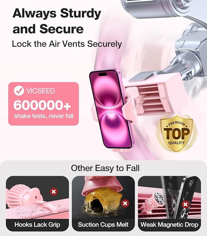 Pink Phone Holder for Your Car [ Sturdy & Secure ] Air Vent Phone Mount for Car Hands Free Easy Clamp Cradle in Vehicle for iPhone Samsung Android Smartphone, Pink Car Accessories