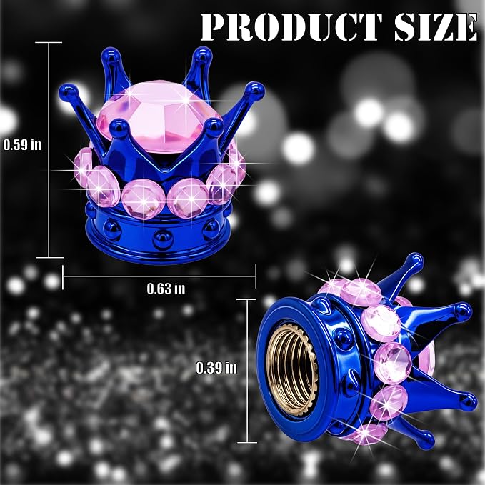 4PCS Crown Bling Tire Stem Valve Caps, Crystal Diamond Car Wheel Tire Valve Caps Universal Copper Core Stem Covers for Cars, SUV, Trucks, Bikes, Motorcycles, Bicycles (Blue & Pink)
