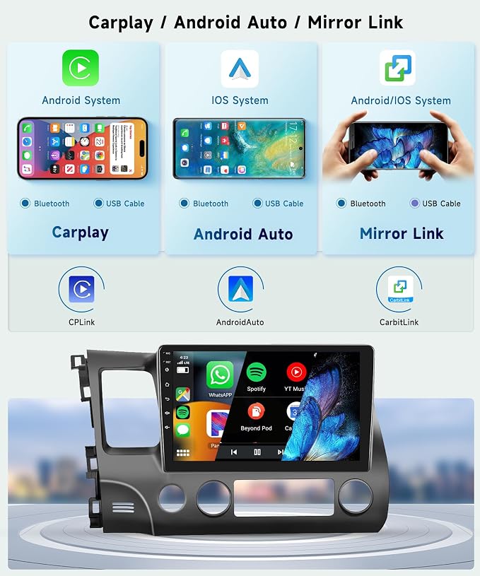6G+128G 8Core Android 13.0 Car Stereo for Honda Civic 2006-2011 with Wireless Carplay/Android Auto, 10.1 inch 1280 * 720 Touchscreen Radio, WiFi 4G/GPS/AM/FM/DSP Audio/SWC/HD Rear Camera