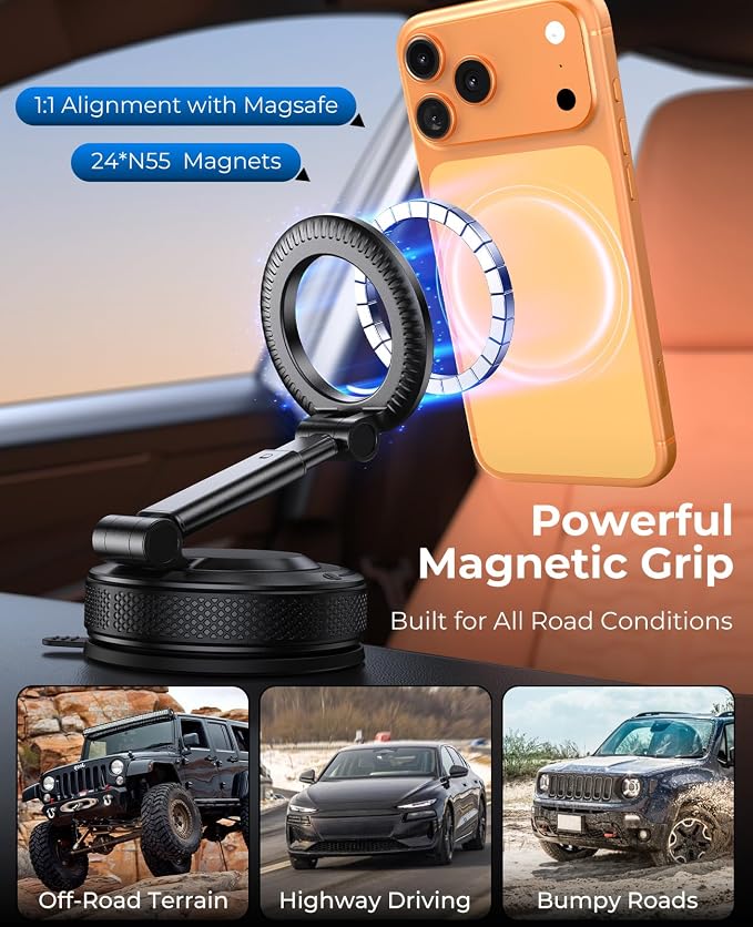 Car Phone Mount for Your Car, Magnetic Phone Holder for Car with Extendable Arm, Foldable Dashboard Phone Mount Designed for Larger Phones Compatible with iPhone 17/16/15/14/13/12