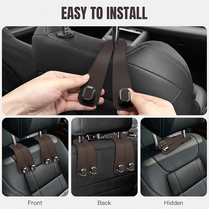2PCS Car Hooks for Headrest, Faux Leather Purse Hook for Car Seat Back Organizers and Storage, Double Metal Purse Holder Bag Hanger, Universal Car Interior Accessories for Women Man