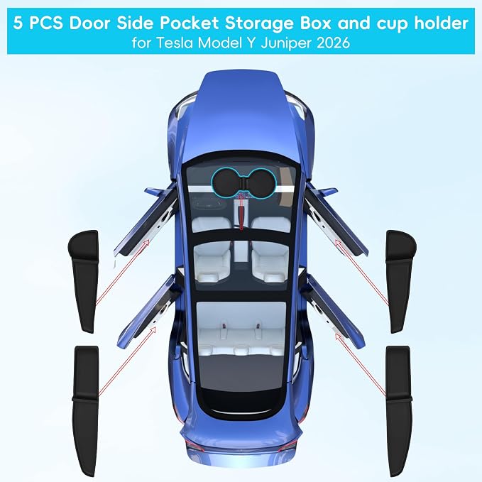 5 PCS Door Side Pocket Storage Box for 2026 Tesla Model Y Juniper Front & Rear Door Pocket and Cup Holder for Model Y Juniper Interior Accessories (TPE Material, Black)