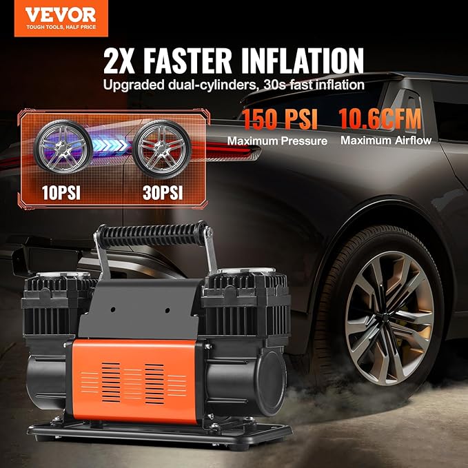 10.6 CFM Heavy Duty Air Compressor, 30s Fast Inflation | Dual-Cylinder Portable Tire Inflator, 12V 150PSI Offroad Air Pump with Adapters for Trucks Car SUV 4 x 4 Vehicle RV
