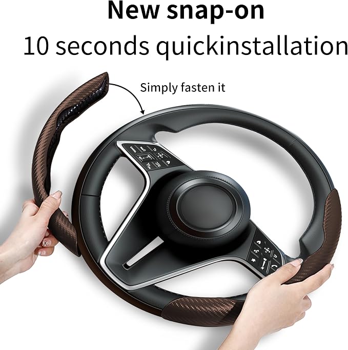 2Pc Carbon Fiber Steering Wheel Cover Universal Fit 99% Cars | Non-slip soft grip, easy to wipe clean, quick to install, perfect for daily commutes and road trips, Brown