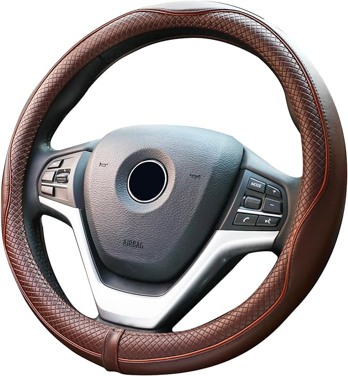 Steering Wheel Covers Universal 15.75 inch - Genuine Leather, Breathable, Anti Slip & Odor Free (Coffee, L(15" 1/2-16"))