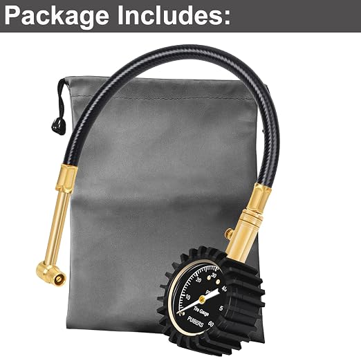 Motorcycle Tire Pressure Gauge 60 PSI, 2’’ dial Mechanical Tire Gauges with 90 Degree Right Angle Chuck Flexible Hose, Tires Guages for Pressure Glow in The Dark for Cars, Motos, Bicycles