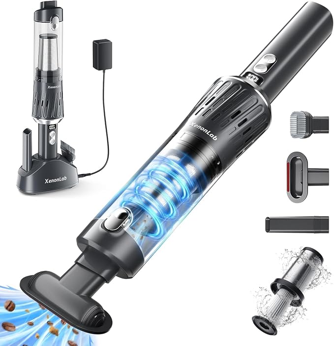 Handheld Vacuum Cordless 25000Pa Car Vacuum 3-in-1 Handheld Vacuum, Includes Smart Display and Charging Base Hand Vac Cordless Rechargeable One-Touch Empty for Home/Pet/Car (Silver)