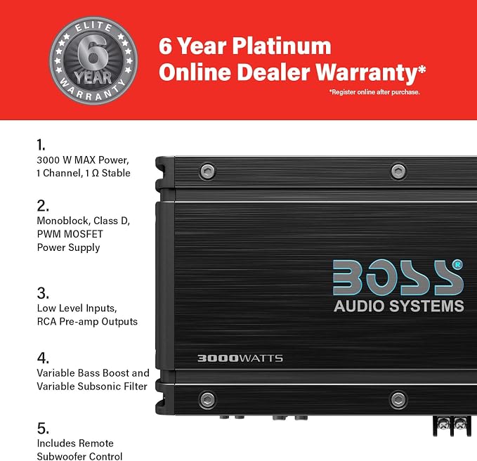 BOSS Audio OX3KD Onyx Model 3000 Watt High Output Monoblock Full Range Class D Amplifier with Variable Low Pass Crossover and Remote Control