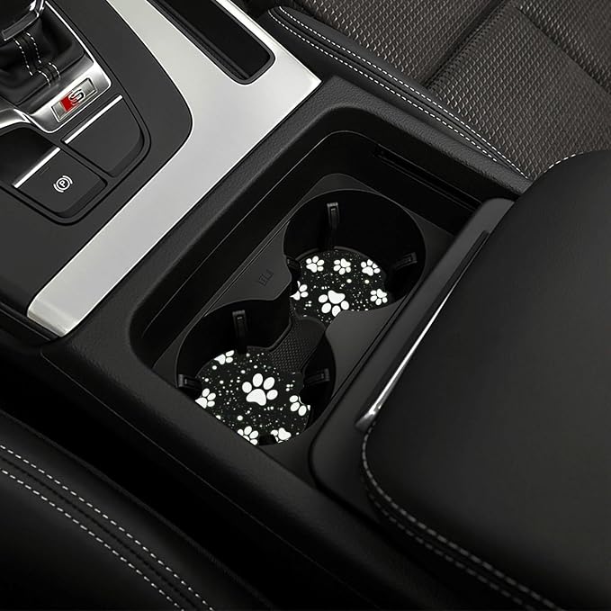 Paw Print Steering Wheel Cover - 15 Inch Black White Dog Paw Steering Wheel Cover Anti-Slip Breathable Universal 2 Pcs Car Interior Cup Holder Pad for Men Women