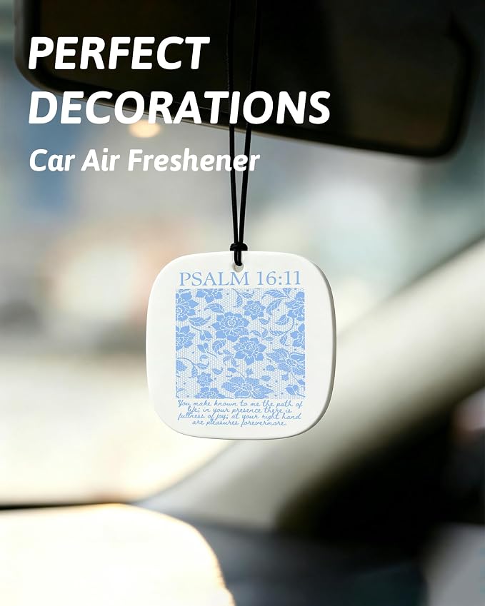 Blue Christian Car Air Freshener 8 Pcs, Blue Bow Floral Religious Hanging Air Freshener Rounded Square for Girls Dorm Bedroom Apartment, Girly Christian Car Accessories Mirror Decor for Women