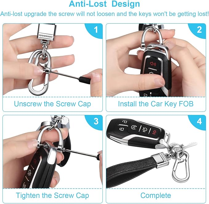 Genuine Leather Car Keychain,Universal Heavy Duty Metal Key Chain Accessories,Car Fob Key Keychain Holder with 360 Degree Rotatable Snap Swivel and Anti-Lost D-Ring for Men Women(Black)