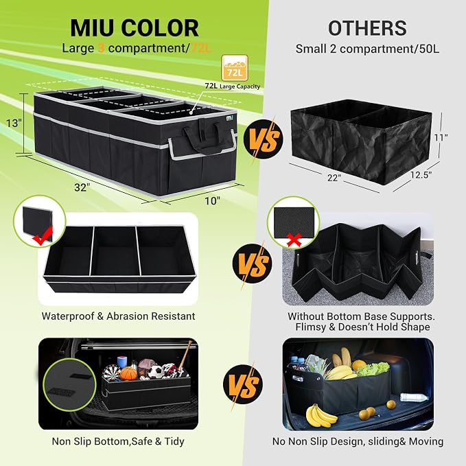 Trunk Organizer for Car, SUV Trunk Organizer, 12 Pockets, Non-Slip Bottom, Sturdy Oxford Car Organizer for Sedans, Van, Jeep, Grocery, Large 3 Compartments, Black Gray, 32"×13"×10.6"