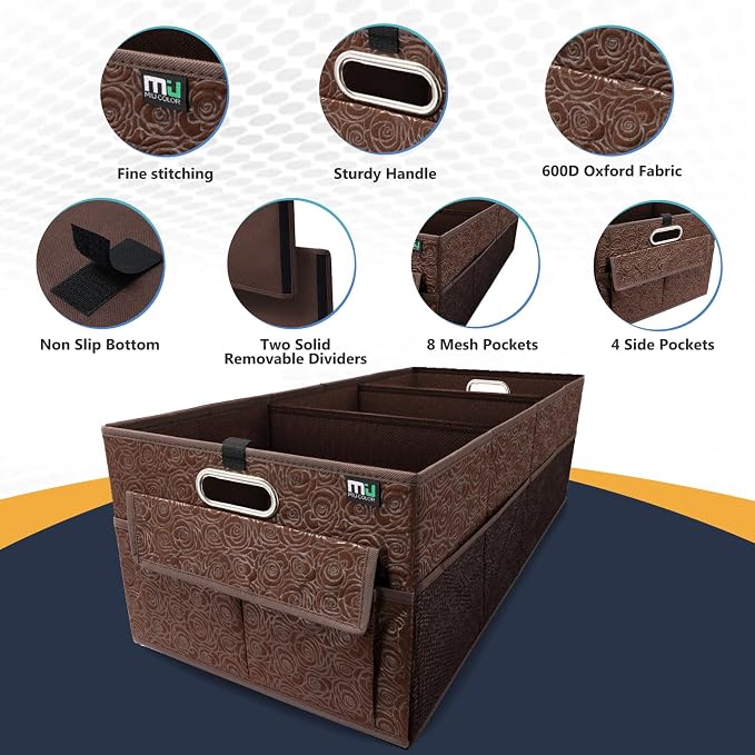 Trunk Organizer for Car, 12 Pockets Sturdy Car Organizer for SUV, Non-Slip Bottom, Storage Organizer for Sedans, Van, Jeep, Grocery, Large 3 Compartments, Brown Vintage 32"×13"×10.6"