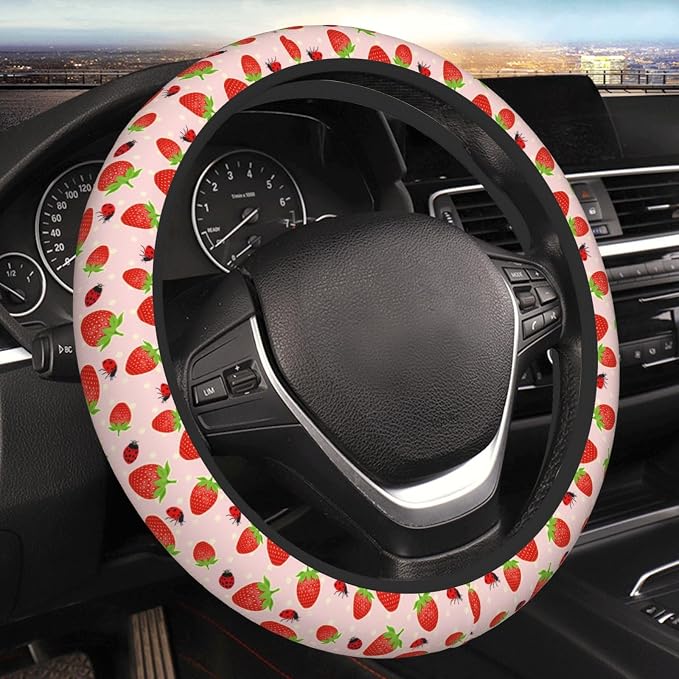 Strawberry Ladybugs Elastic Steering Wheel Cover Non-Slip Breathable Steering Wheel Protector Fit Auto, SUVs, Truck