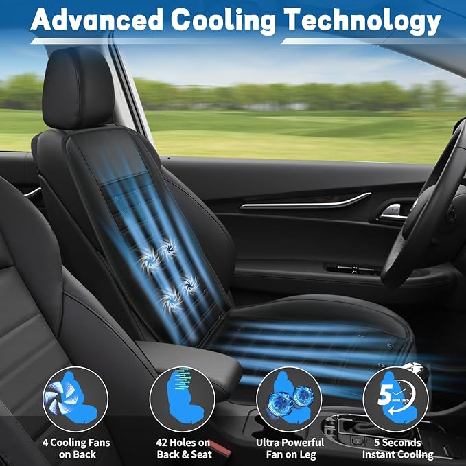 vokoroad Cooling Car Seat Cover Cushion for Front Seats, 12V-24V Adjustable Temperature Ventilated Summer Cooling Car Seat Cushion, Ventilate Breathable Universal Fit for Automotive Truck SUV Van