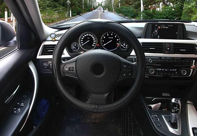 Steering Wheel Covers Universal 15 inch - Genuine Leather, Breathable, Anti Slip & Odor Free (Black with Black Lines, M(14" 1/2-15" 1/4))