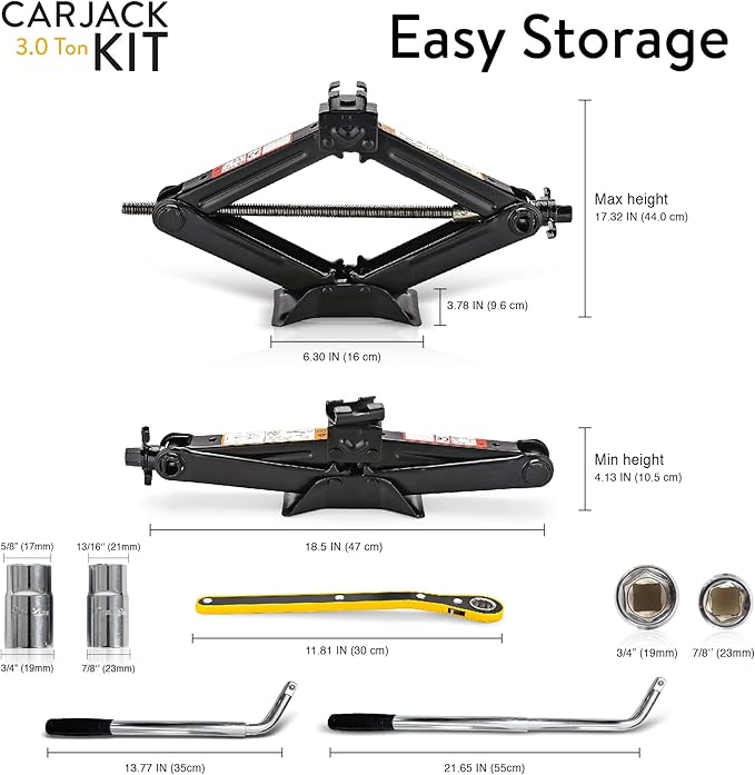 Car Jack Kit 3 Ton (6,600 lbs) | Scissor Jack for Car - Tire Jack Tool Kit | Portable, Ideal for SUV and Auto - Universal Kit with Lug Wrench | Heavy Duty Material