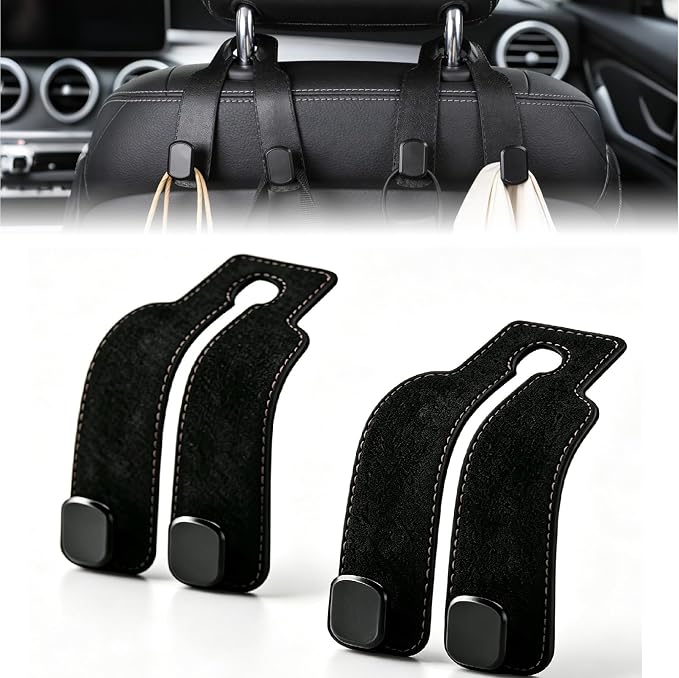 Car Seat Headrest Hooks for Purses and Bags, 4-Pack Heavy Duty Car Seat Hooks with Anti-Slip Pad, Universal Car Backseat Organizer Hanger Accessories for Grocery Bags (Black)