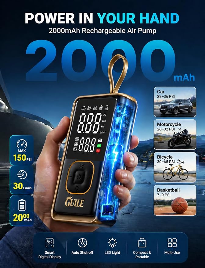 Portable Tire Inflator Air Compressor - 150PSI Smart Cordless Car Tire Pump with Digital Pressure Gauge, Auto Shut-Off, Rechargeable Battery Power Bank for Car, Motorcycle, Bicycle, Ball