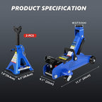 2 Ton Low Profile Floor Jack, 4000 lbs, with Stands, Chock & Gloves – Blue | Steel jack, 5.3"-13" lift. Overload valve, leak-proof. with stands, chock, gloves. For cars, SUVs, DIYers & mechanics.