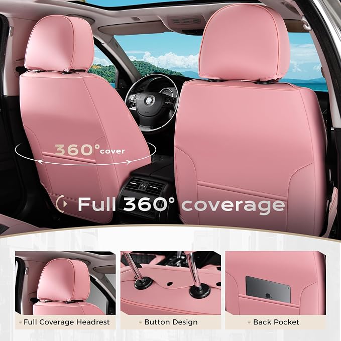 Coverado Car Seat Covers Front Seats, Stylish Waterproof Faux Leather Full Set with Rear Protectors for Sedan SUV Truck, Luxury Fashion Interior – PinkBlack