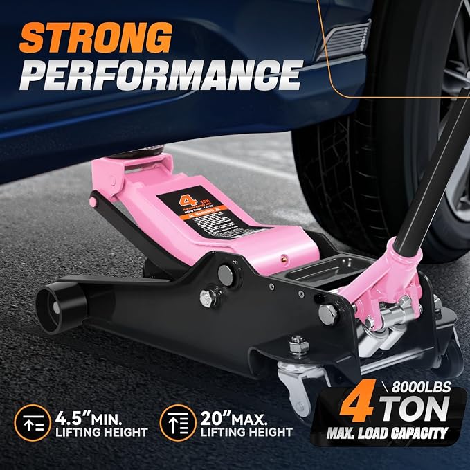 4 Ton Low Profile Floor Jack, Heavy Duty Steel Hydraulic Car Jack with Dual Pistons Quick Lift Pump, Hydraulic Racing Floor Jack, Lifting Range 4.5" to 20", Pink