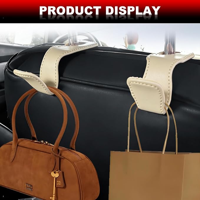 Automotive Universal 2PCS Leather Headrest Hooks, for Car Keep Purses Bags Coats and Groceries Secure Universal Fit for Most Vehicles, Beige