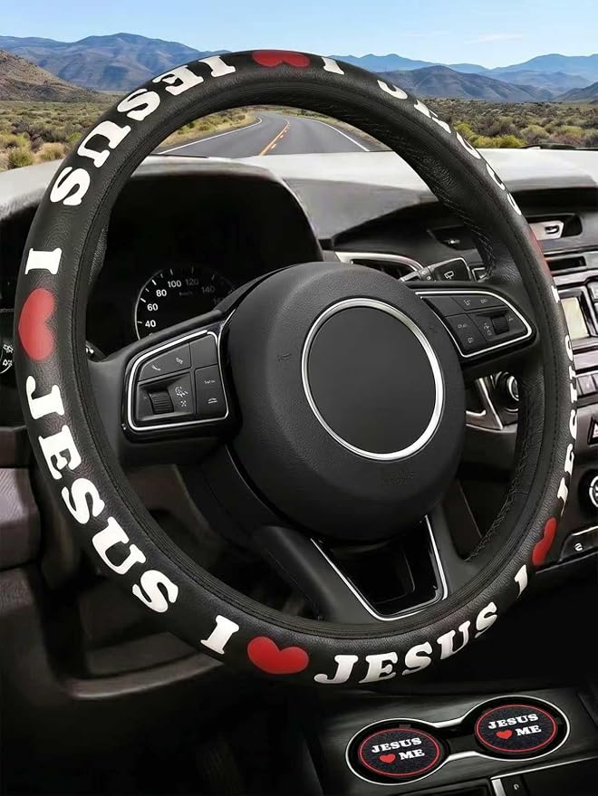 Christian I Love Jesus Car Steering Wheel Cover for Men & Women with 2 Pack Car Coasters, PU Leather Elastic Steering Wheel Protector, Faith Gifts, Universal 15" Fit for Cars, SUVs, Trucks