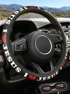 Christian I Love Jesus Car Steering Wheel Cover for Men & Women with 2 Pack Car Coasters, PU Leather Elastic Steering Wheel Protector, Faith Gifts, Universal 15" Fit for Cars, SUVs, Trucks