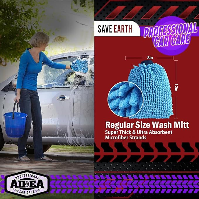 AIDEA Car Wash Mitt Microfiber, 2PK, Car Wash Brush, Blue, 8' X12'' | Scratch Free Lint Free Premium Chenille Microfiber Mitt, Cleaning Supplies, Extra Large Size