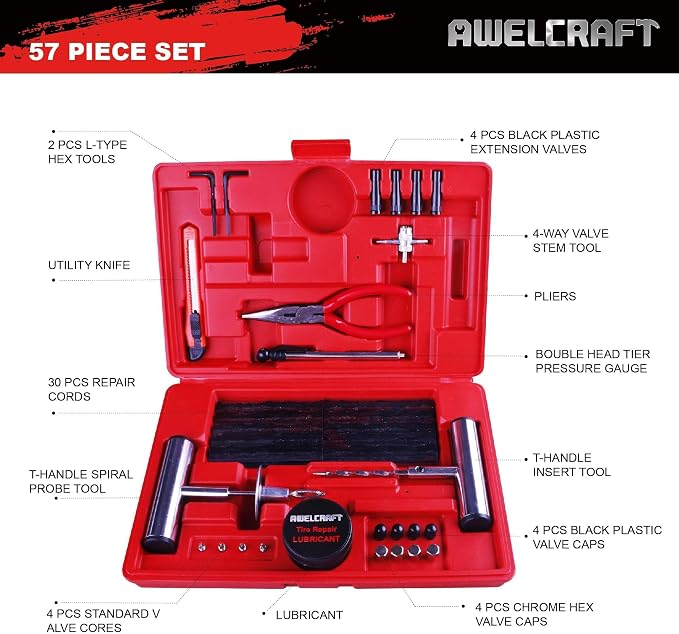 57-Piece Heavy Duty Tire Repair Kit – Flat Tire Plug Kit with T-Handle Tools, Storage Case – Universal for Truck, Car, Motorcycle, Jeep
