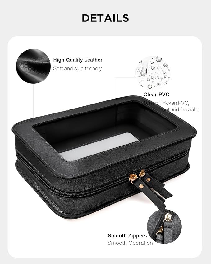 Clear Makeup Bags for Travel, TSA Approved Toiletry Bag with Zipper, Makeup Organizer Fit Carry-on Essentials, Car Accessories Organizers Storage for Women Men (Clear-Black)