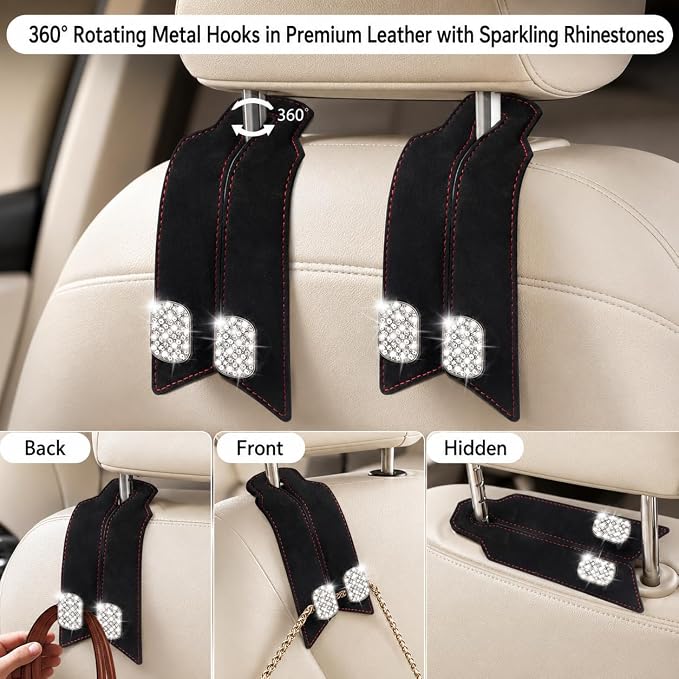 2Pcs Bling Car Headrest Hooks, Premium Leather & Sparkling Rhinestone Dual Metal Hooks, Back Seat Organizer for Bags, Coats, Purses and Groceries (Crystal Black)