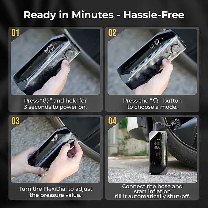Portable Tire Inflator, Rechargeable Electric Air Pump with Knob Pressure Control, Cordless Air Compressor for Car Tires, Bike, Balls, Digital Pressure Gauge, Auto Shut-Off.