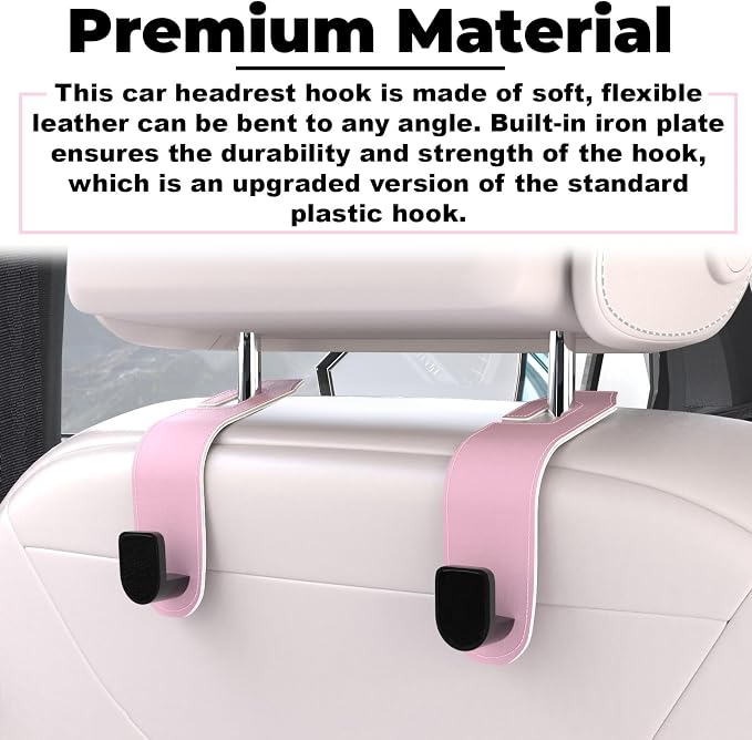 4 Pcs Seat Headrest Hook for Car, Seat Back Hanger Holder Hooks, Hanger Storage Organizer for Purse Bags Coat, Car Interior Accessories Leather Hidden Hook