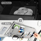 Sun Visor CD Case Holder for Car - Multi-Function Visor Organizer with CD/DVD Storage, Eyeglass Clip, Card Slots & Pen Holder, Durable Leather Car Accessories (Grey)