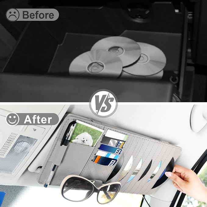 Sun Visor CD Case Holder for Car - Multi-Function Visor Organizer with CD/DVD Storage, Eyeglass Clip, Card Slots & Pen Holder, Durable Leather Car Accessories (Grey)