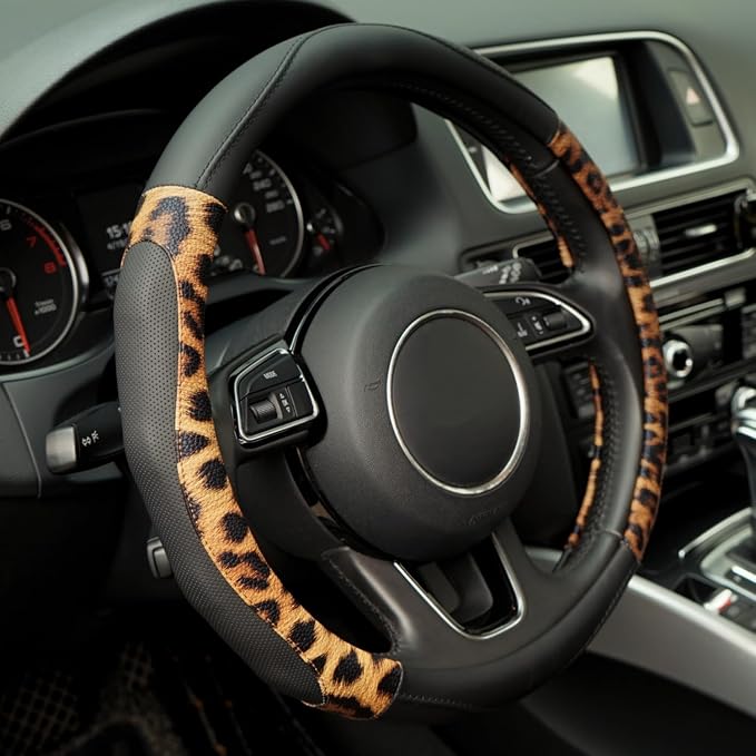 Leopard Steering Wheel Cover, Universal 15 inch Breathable Microfiber Leather Steering Wheel Protector, Anti Slip Car Interior Accessories, Black