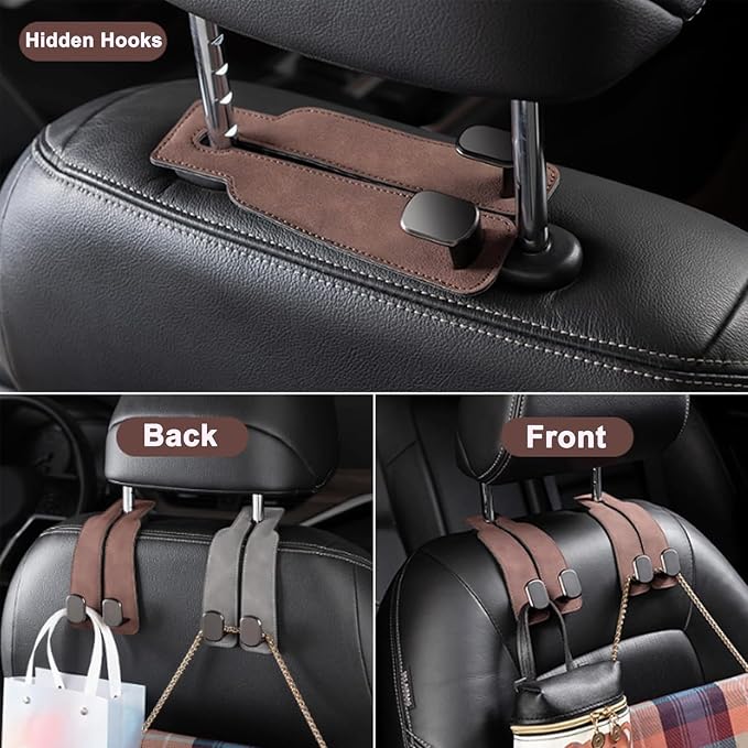 2 Pack Brown Leather Car Headrest Hooks Purse Bag Storage Holders for Car Seats