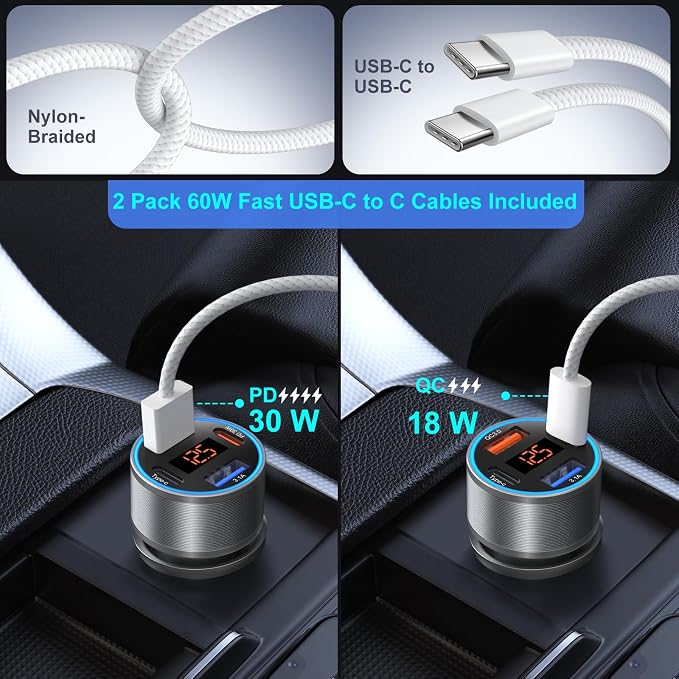 4-Port 65W Fast Car Charger USB C for iPhone 17/16/15/14 Pro Max, 2 Pack Dual 12V USB-A&C Car Charger with Voltage Meter Cigarette Lighter Adapter for Galaxy A17/A16/S25/S24+6FT Type-C Cable