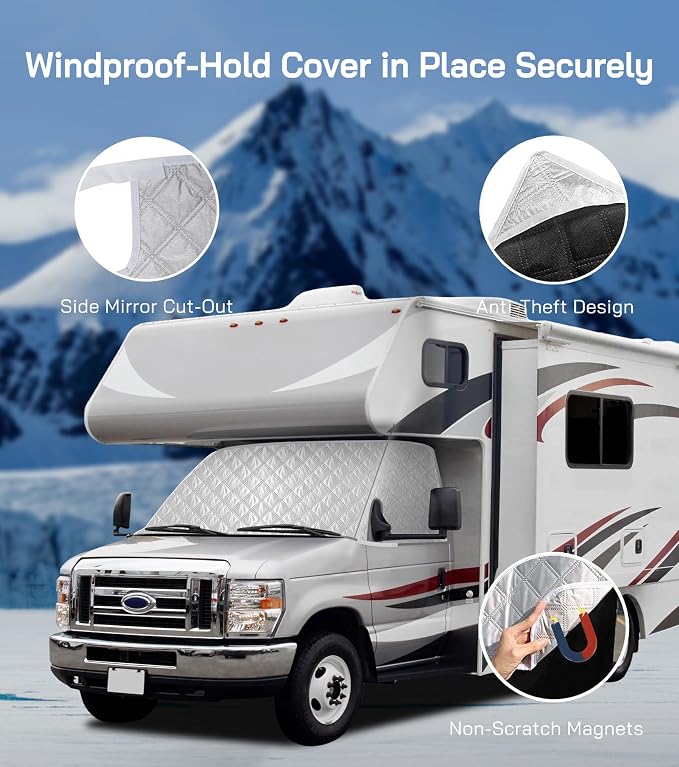 RV Windshield Cover for Ford E450,E350,E250,Econoline,Club Wagon 1997-2025 Motorhome, Class C RV Front Window Sunshade for UV Protection & Privacy Shield, White with Mirror Cutouts