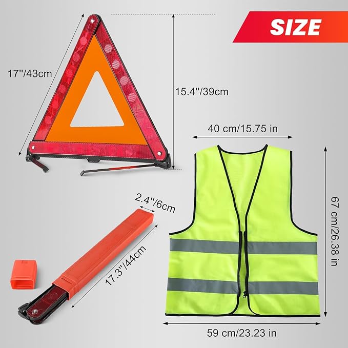 3 Pack Emergency Warning Triangles with 2 Pack Reflective Vest Kit | Roadside Safety Triangle, Foldable Warning Reflective Triangle with Case for Vehicles Breakdown & Emergencies