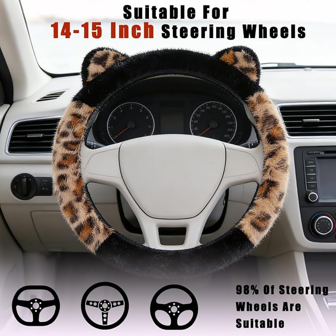 Car Steering Wheel Cover Fluffy Leopard Steering Wheel Accessories Black | Steering Wheel Covers with Cute Ears Keychain 14-15 inch Universal Elastic Steering Wheel Protector for Women Girls