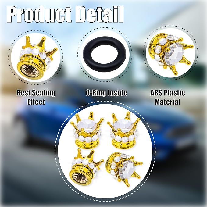 4PCS Crown Bling Tire Stem Valve Caps, Crystal Diamond Car Wheel Tire Valve Caps Universal Copper Core Stem Covers for Cars, SUV, Trucks, Bikes, Motorcycles, Bicycles (Gold & Silver)